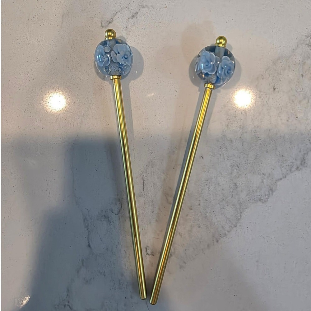 Japanese Kanzashi Hair Sticks Blue Floral Glass Beads Gold Tone Set of 2